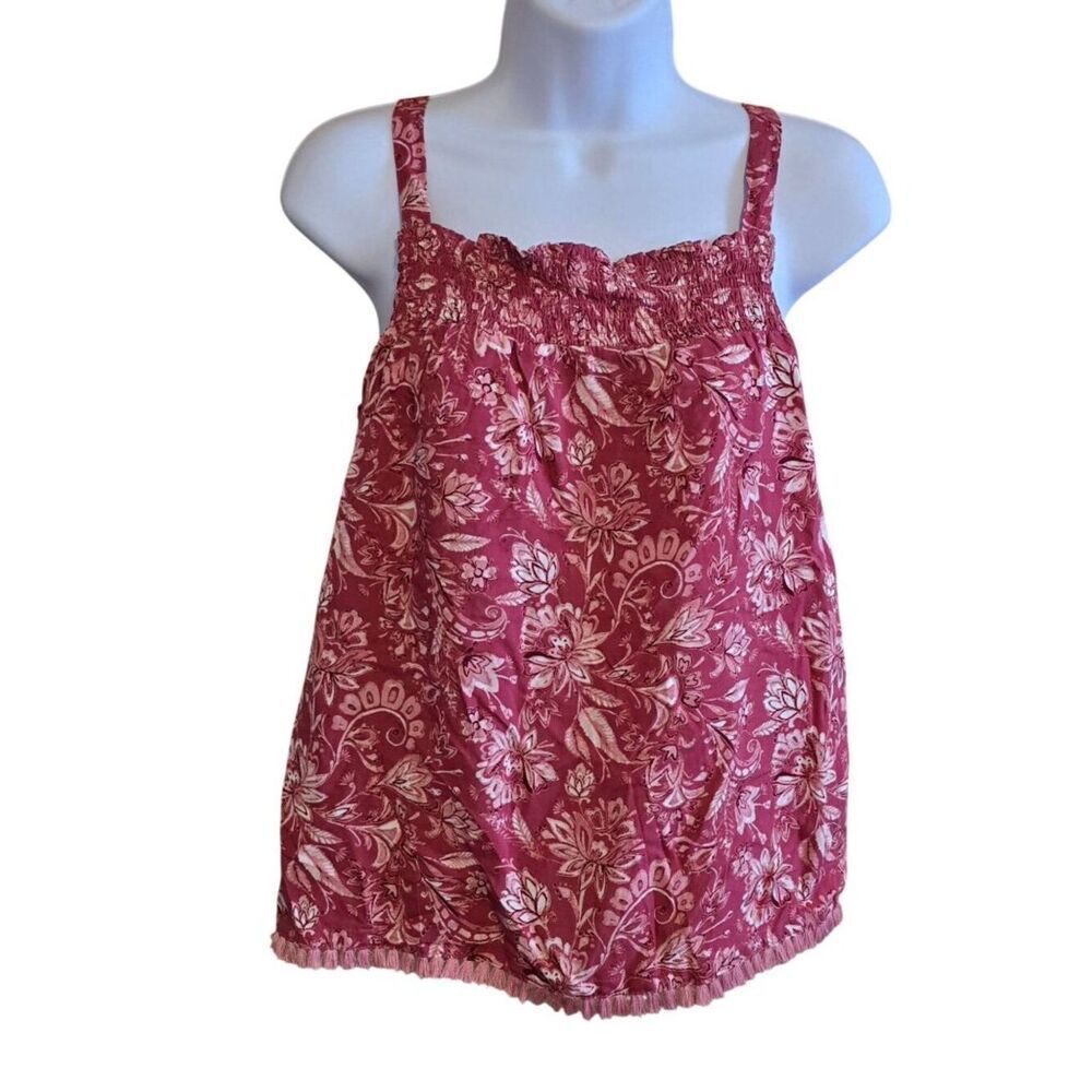 Floral Print Smocked Tank Top With Fringe Trim cottagecore beach boho